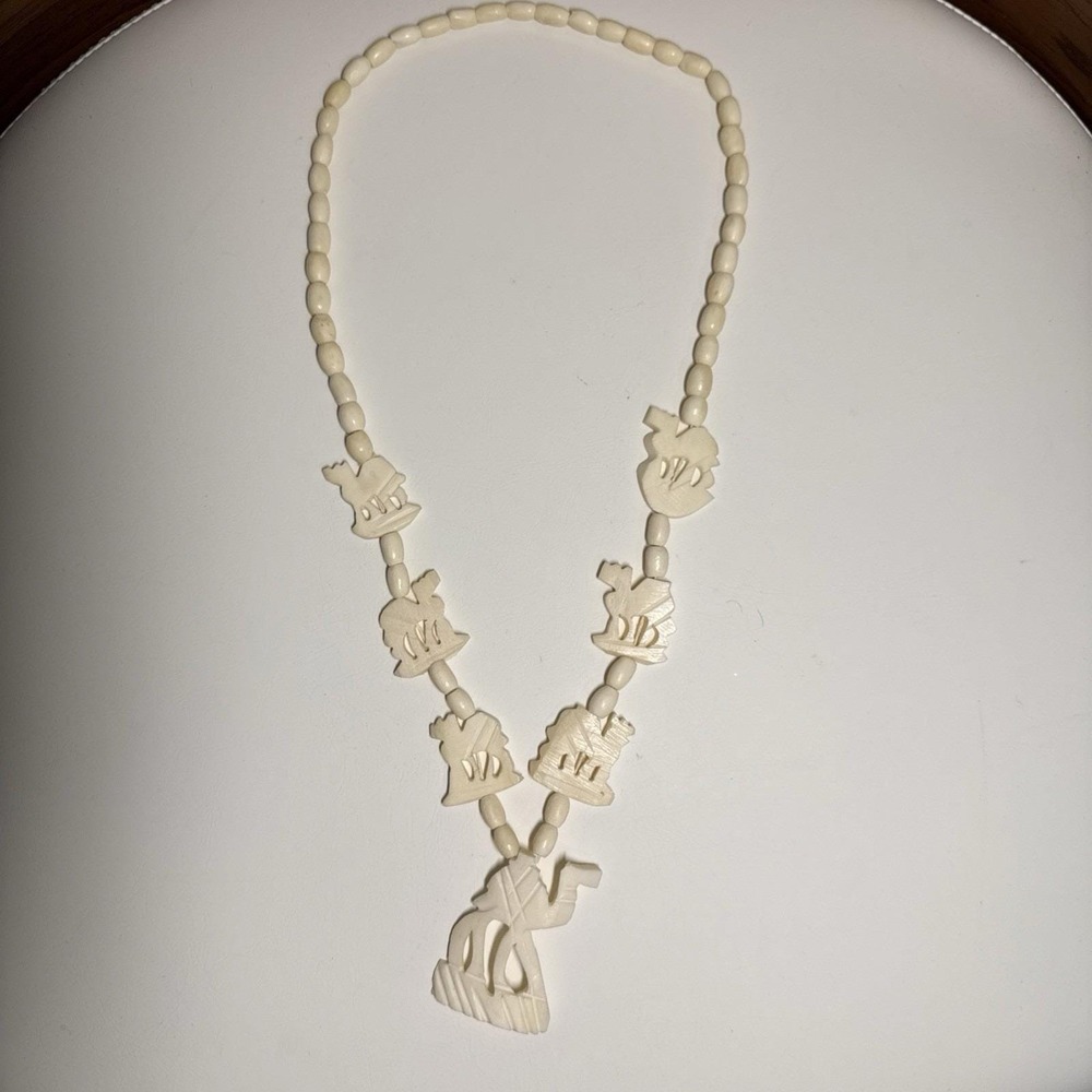 VTG Hand Carved Bovine Bone Pendant Necklace Pierced Openwork Barrel Beads‎ 27"